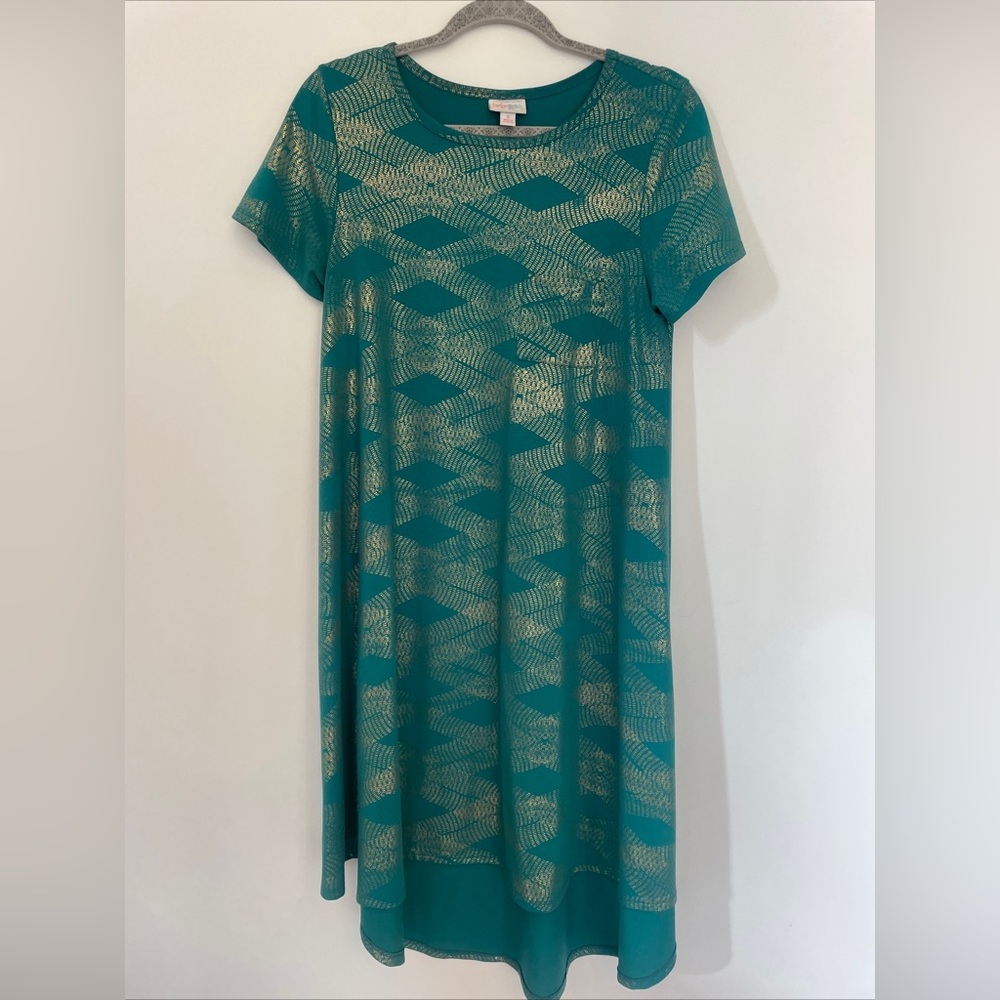 Women's LulaRoe Carly Dress Green with Gold Shimmer Size S EUC